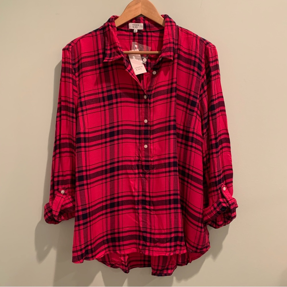 NWT Crown & Ivy PINK plaid Popover Oxford Modal Top Blouse XL